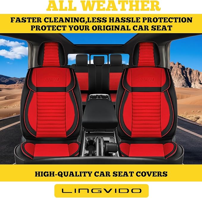 LINGVIDO Front Car Seat Covers, Faux Nappa Leather, Airbag Compatible and Waterproof Protectors for Sedans SUVs, Breathable Anti-Slip Interior for Commuters and Rideshare, Black/Red