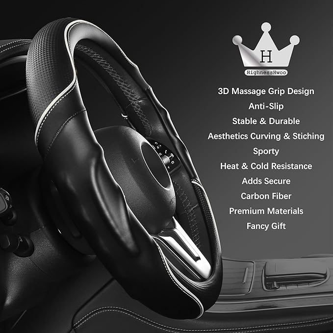 3D Car Steering Wheel Cover Comfort Grip Massage Sporty Anti-Slip Carbon Fiber Faux Leather for Sedan SUV, Universal Fit, Car Handle Covers for All Seasons, 14.75-15.15in, White