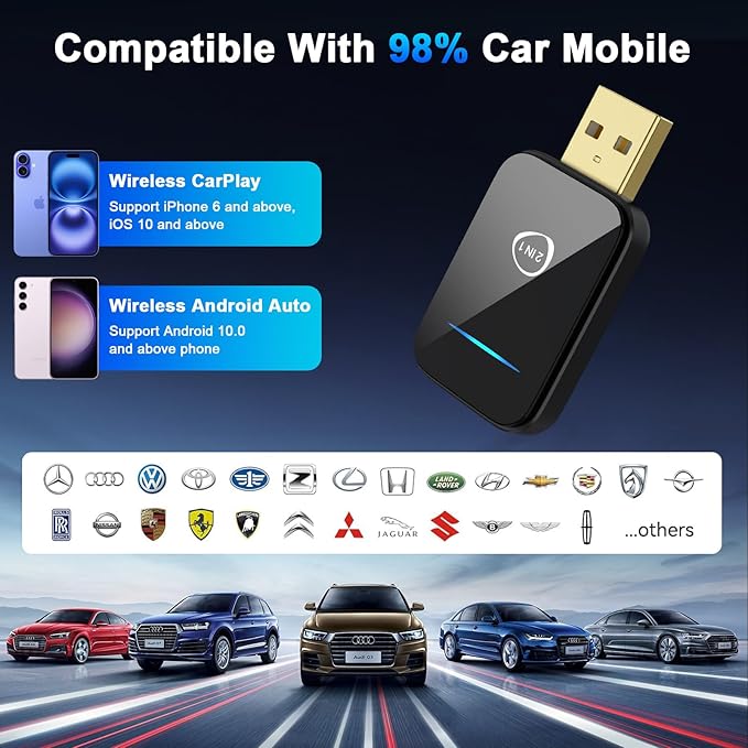 2025 Upgrade Mini CarPlay Wireless Adapter Support Apple CarPlay & Android Auto,Convert Wired to Wireless CarPlay Adapter,Stable Control & No Delay,2 in 1 Wireless Android auto Box for Cars from 2016
