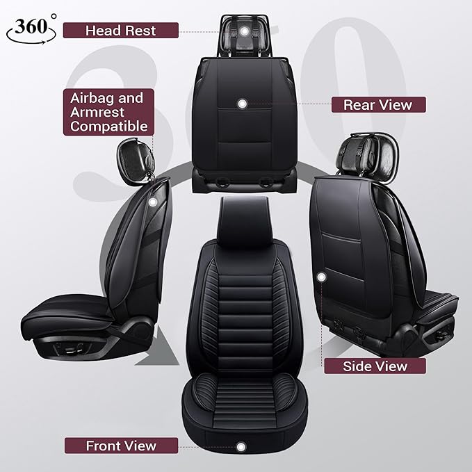 OASIS AUTO Car Seat Covers Front Seats Premium Waterproof Faux Leather Cushion Universal Accessories Fit SUV Truck Sedan Automotive Vehicle Auto Interior Protector (OS-001 Black)