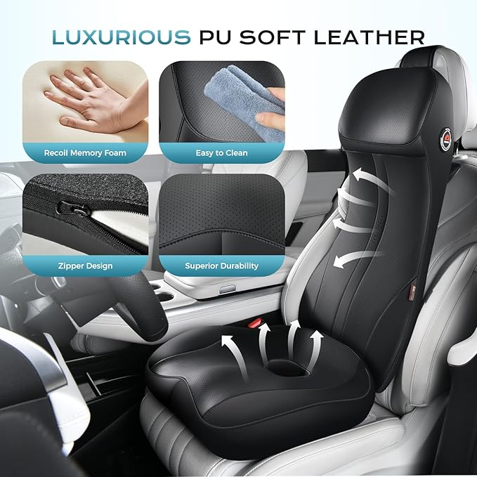 Coverado Car Seat Cushion and Lumbar Support Headrest Pillow One Piece, Ergonomic Memory Foam Car Neck Pillow & Back Support, Soft Leather Breathable Driving Seat Cushion Sciatica Pain Relief, Black