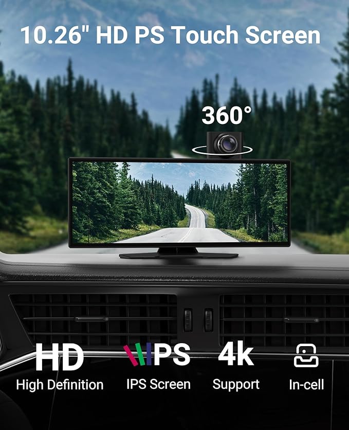 Wireless CarPlay and Android Auto 11.26-inch Touchscreen, 4K Dash Camera and 1080p Backup Camera, Universal Portable car Display, Equipped with 64G Memory Card