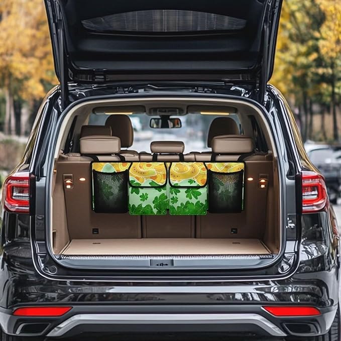 St. Patrick Day Car Trunk Organizer Green Leaves＆Horseshoes Hanging Cargo Storage Bag Cargo Bag,Easy to Install,Add to the Festive Atmosphere