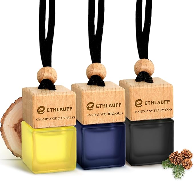 Car Air Freshener Hanging, 3 Pcs Teakwood Mahogany, Sandalwood & Oud, Cedarwood & Cypress, Wooden Scent Air Fresheners Diffuser for Car, 45+ days Long Lasting Fragrance, 0.27 FL OZ/8ML