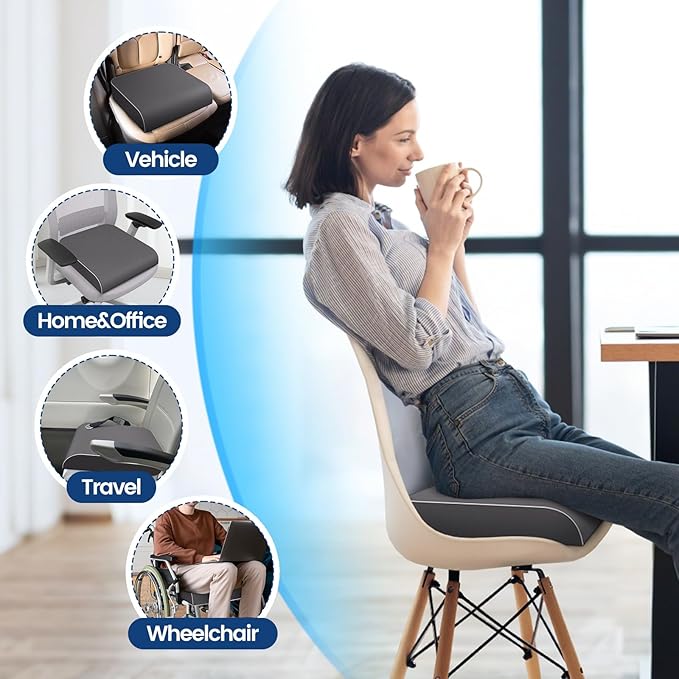 Seat Cushion for Tailbone Pain Relief, Office Chair Cushion, Memory Foam Large Chair Cushion with Non-Slip Cover for Soft Support at Office Chair, Car Seat, Airplane Grey/XLarge