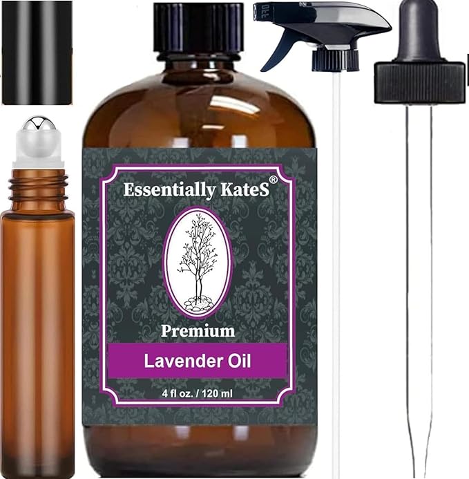 Essentially KateS Lavender Oil – 100% Pure & Natural, Steam-Distilled, with Glass Dropper, Roll-On Bottle & Sprayer for Aromatherapy, Skin & Home Use