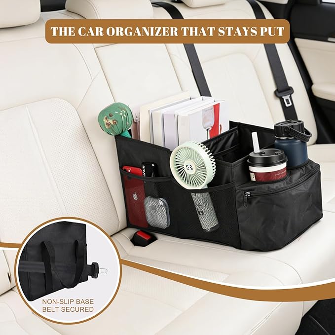 Car Seat Organizer Multi Pocket Backseat Organizer with Cup Holders, Collapsible Vehicle Storage Bag Secured to Front and Rear Seats via Seatbelt