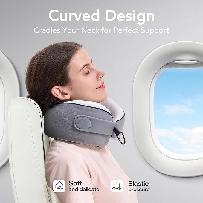 Travel Pillow, 100% Pure Memory Foam Travel Neck Pillow Airplane Neck Support Ergonomic Design for Traveling Suitable for Airplanes,Offices and Cars-Cooling Silk Grey Cover