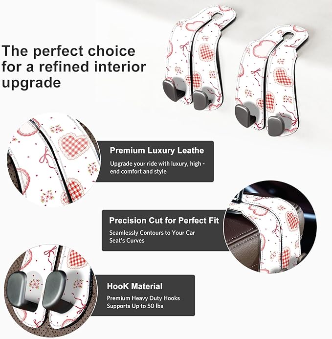 CoBak Purse Hook for Car - Universal Premium Stitched Leather and Aluminum-Magnesium Alloy Double Car Seat Back Storage Hook for Purses, Handbags, Bags (2 Pack),Heart Thread