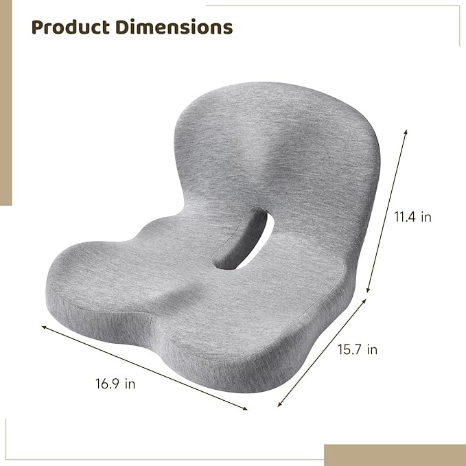 Gray Car Seat Cushion, Ergonomic Memory Foam, Lumbar Support, Non-Slip, 15.7 X 16.9 X 11.4 in, Breathable for Car and Office