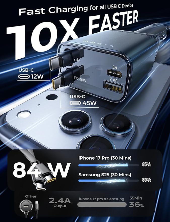 LISEN Retractable Car Charger, Dual USB C Retractable Cable Fast Car Adapter [84W Total] Travel Essential Car Accessories for Men Women, for iPhone 17 16 15 Pro Max, Samsung S26 S25 S24, Pixel, iPad