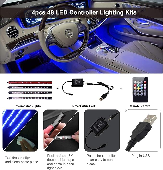Led Interior Car Lights, Controller Led Lights for Cars, Multicolor Music Underglow Lighting Kits with Wireless Control and Sound Active Function, 4pcs 48 USB LED Interior Lights, DC 5V