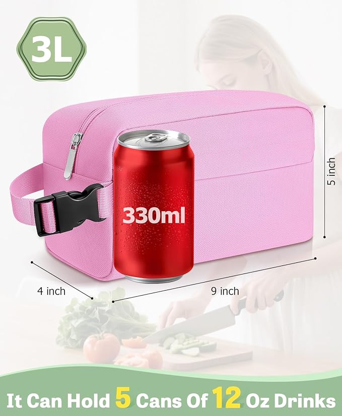 Small Insulated Snack Bag Lunch Bag for Kids Lunch Box for Women/Men, Collapsible [3L/5-Can] Reusable Lunch Bag Cooler Bag for Bottle with Handle Buckle for Work/School/Travel,Pink
