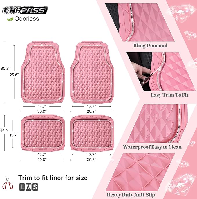 CAR PASS Bling Diamond Rubber Car Mats, Heavy Duty Deep Dish All-Weather Floor Mat Full Set Anti-Slip 3D Rhombus Waterproof Trim Fit Liner Universal Glitter Sparkly Shining Rhinestone, Pink Rubber