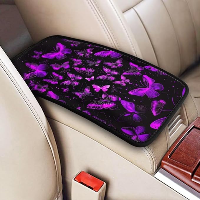 Cars Center Console Cover Butterfly Armrest Covers Console Pad Butterflies Arm Rest Seat Box Covers Protector Purple Car Decor Accessories