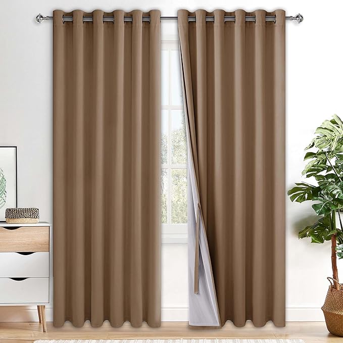 XWZO Complete Blackout Shades Window Curtain Panels with Tiebacks- Noise Reduction and Light Blocking Grommet Curtains with Black Liner for Studio/Living Room, Cappuccino, W70 x L84, Set of 2
