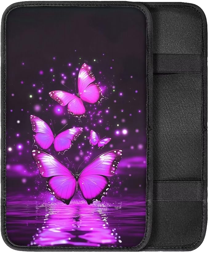 Purple Butterfly Universal Center Console Armrest Soft Pad Protector Cover Armrest Box Protector Non Slip for Pet Dogs Car Interior Decor