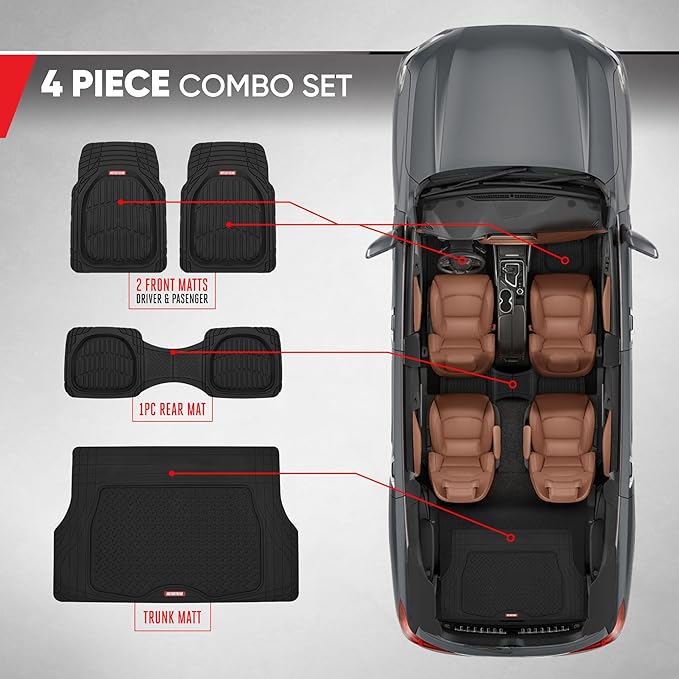 Motor Trend FlexTough 4-Piece Heavy Duty Floor Mats for Cars Trucks SUVs, Automotive Floor Mats Car Mats Full Set Front, Rear & Cargo, Trim-To-Fit Semi-Custom Deep Dish All Weather Rubber Mats - Black