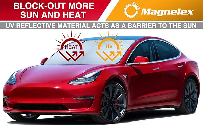 Magnelex Tesla Windshield Sun Shade for Model 3 and Model Y 2017-2026 - Reflective 240T Material Sun Shade with Mirror Cut-Out | Foldable Sunshade
