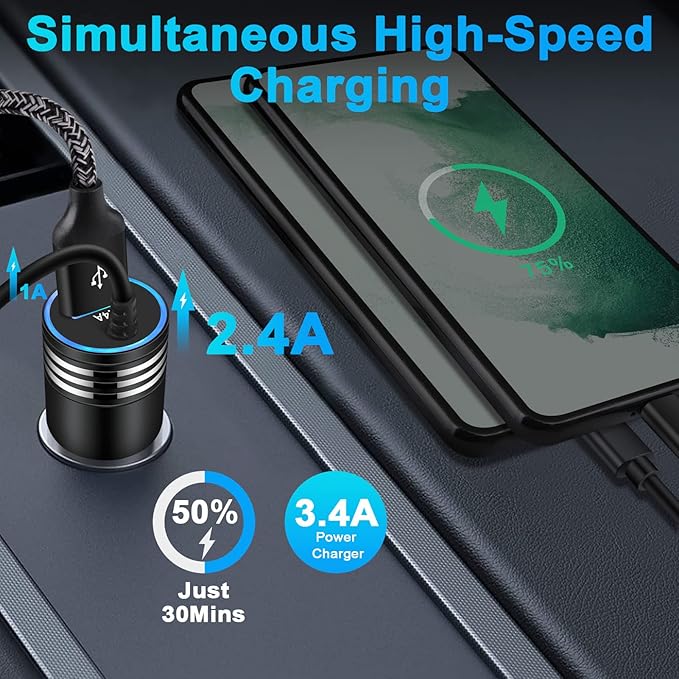 Android Car Charger Fast Charging Cord Type C 3.4A USB C Cigarette Lighter Adapter with Coiled Cable for Samsung Galaxy S26 S25 S24 S23 Z Flip 7 6 Z Fold 7 6 5 A57 A37 A17 A16 A35 A25 A15 A54 A14 A53