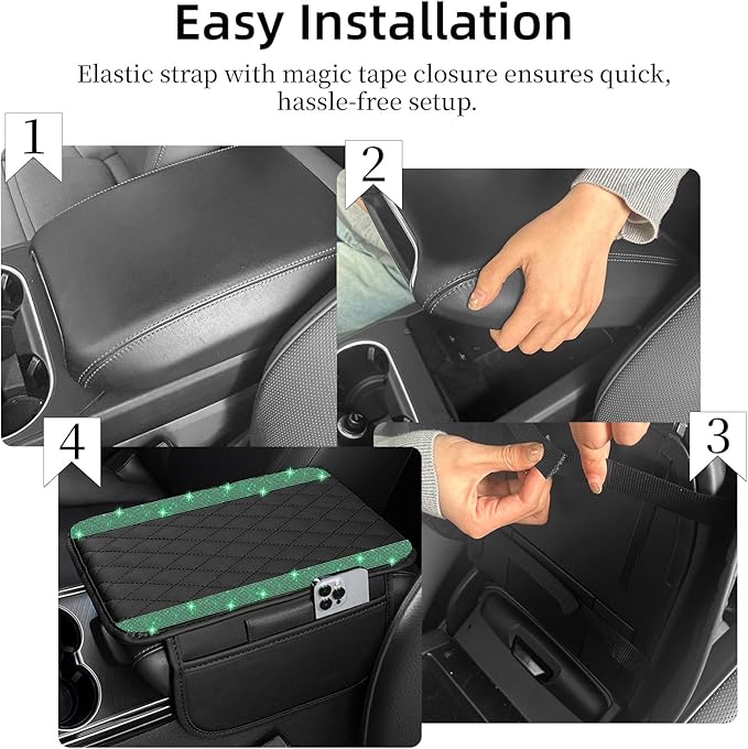 NBTEPEM Bling Car Center Console Cover, Leather Car Arm Rest Cover Cushion with 2 Storage Bags, Universal Auto Armrest Protector Storage Box, Bling Accessories Interior for Most Vehicles (Green)