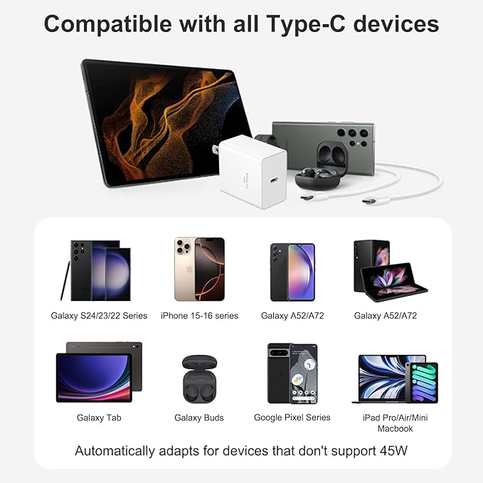 45W Type C Charger, USB C Charger 2-Pack iPhone 15 16 Chargers 6FT with iPhone 16/15/16 /15Plus/16 Pro/16 Pro Max/15/AirPods/Galaxy S25 S24 S23 S22 S21,Android Chargers(White)