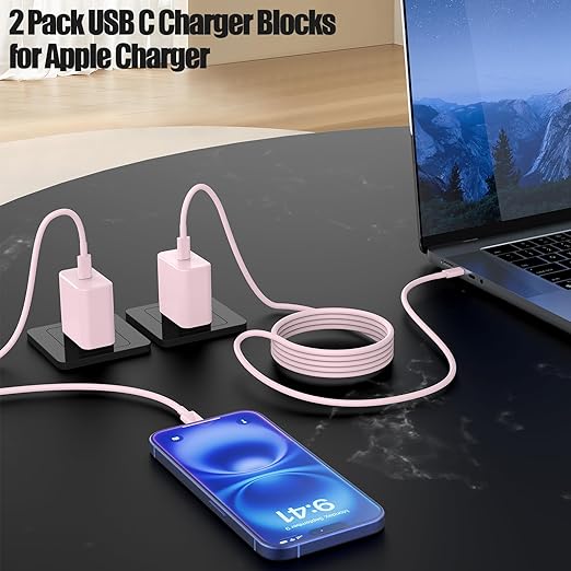 USB C Fast Charger for iPhone 17/ Air/16/15 Pro Max,2Pack 10FT Type C Charger Block & Cable, PD 3.0 Super Fast Charging for iPad Pro MacBook Air/Pro M1/M2, AirPods-Pink