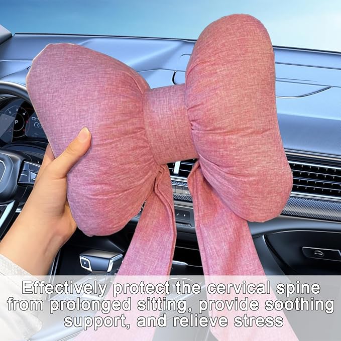 Bow Car Headrest Pillow, Breathable Memory Foam Vehicle Neck Pillow with Adjustable Strap, Ergonomic Auto Neck Support Cushion for Pain Pressure Relief, Universal for Most Cars (Pink)