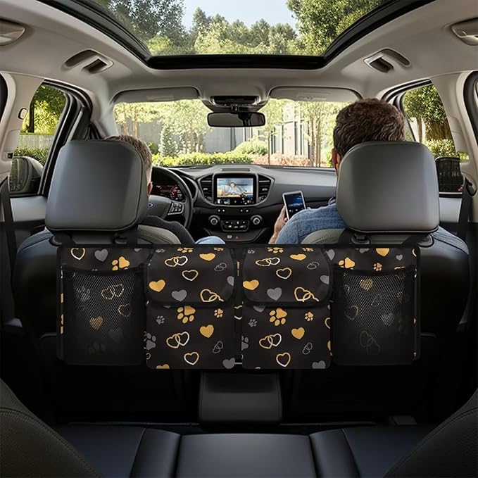 Hanging Car Trunk Organizer, Car Back Seat Storage with 4 Pockets Universal Detachable Car Accessories for SUV Hatchback Crossover Minivan (Dog Paw Print Love Heart Design)
