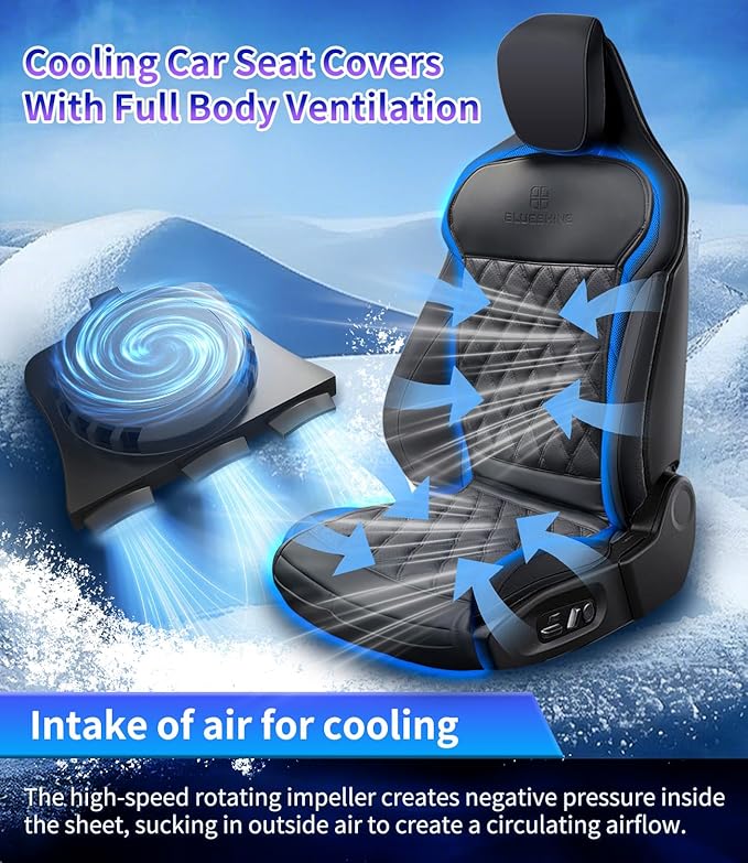 DR.HILL Air Suction Cooling Car Seat Covers, 12V 24V Ventilated Seat Cushion, 5 Adjustable Cooling Air Speeds Cooling Set Pad Universal Most Vehicle SUV Truck-Black