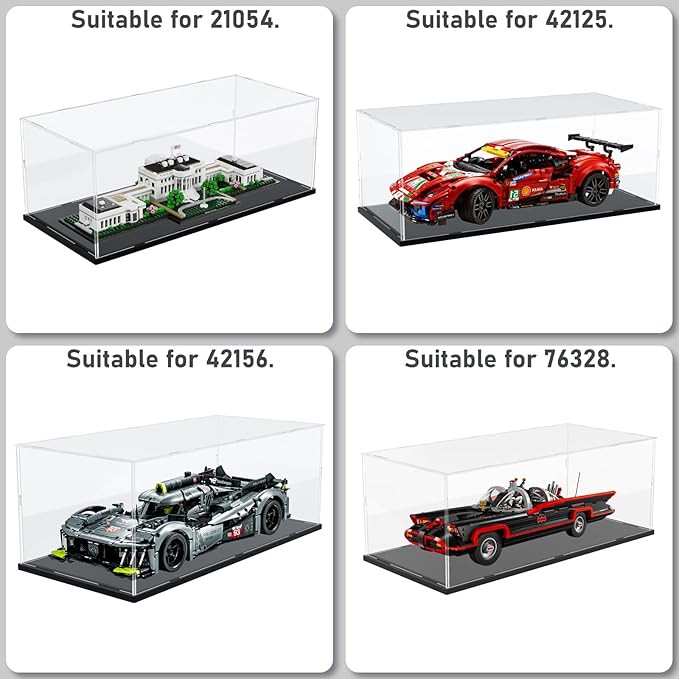 Choowin Acrylic Display Case for Lego Batmobile 76328 for Lego Peugeot 42156 42125 21054 for Lego Car Display Thickened Clear Acrylic Display Cases for Collectibles Assemble Dustproof(Black Base)
