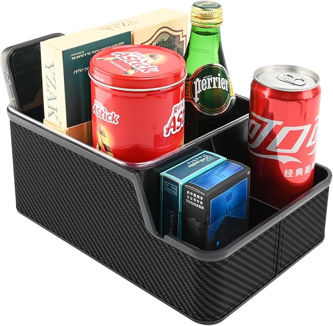 Car Front Seat Organizer with Compartment,Center Console Organizer,Car Armrest Storage Box,Back Seat Cup Holder Tray,Between Seat Small Caddy with Phone Holder for Truck,SUV,Van (Black)