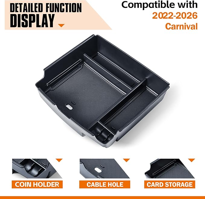 TACORBO Center Console Organizer Compatible with Kia Carnival 2026 2025 2024 2023 2022 Accessories Insert Tray, KA4 MPV Armrest Secondary Storage Box, Black Trim
