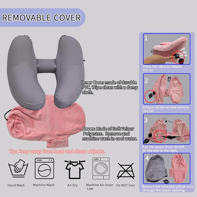 H-Shaped Travel Pillow with Snap-On Hood – Ergonomic Neck Support with Plush Velvet Cover, Instant Inflation & Compact Bag – for Airplane, Car, Office & Long Trips (Red)