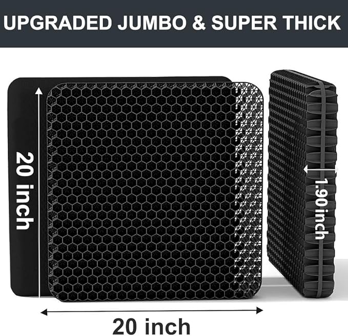 Gel Seat Cushion, Jumbo&Thick Gel Cushion Chair Pads with Non-Slip Cover for Home Office Car Seat Wheelchair, Soft Breathable Honeycomb Seat Pads for Relieve Hip Pain,Black 20x20x1.9inch