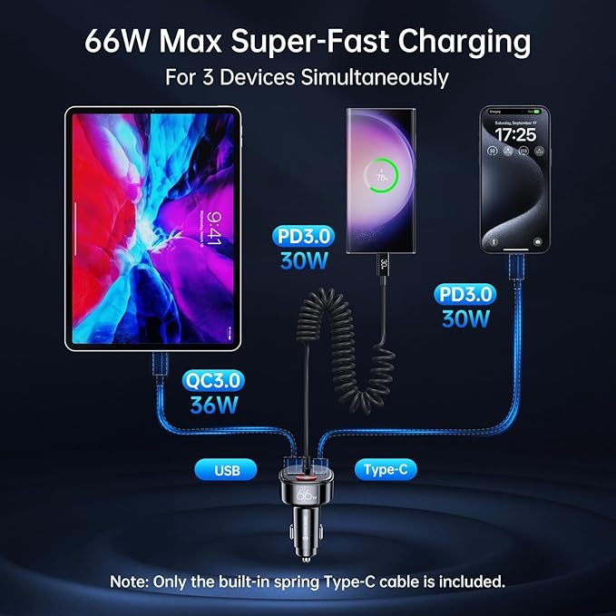 Syncwire USB C Car Charger with [Battery Leakage Prevention] 66W Super Fast Car Adapter with PD & QC 3.0 Built in 6FT Type C Coiled Cable for iPhone 17/16/15 Series, Samsung Galaxy/Google Pixel