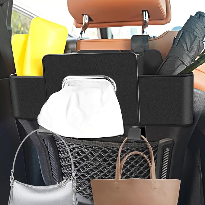 Car Back Seat Organizer with Multi-Pocket Design Leather Organizer with Cup Holders, Tissue Box, and Storage Hooks for Car Interiors - Universal Compatibility-black