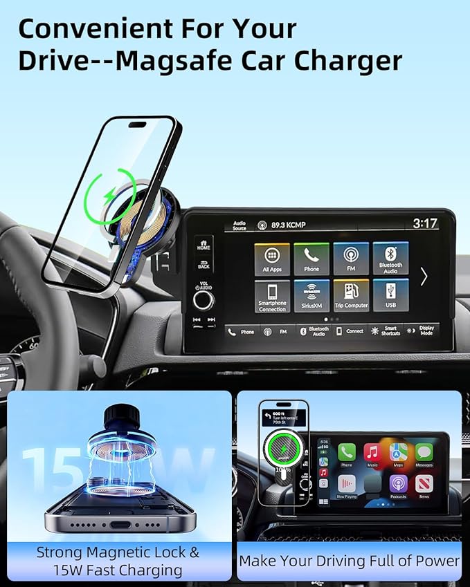 PZK Car Phone Holder for Hyundai Elantra 2021-2025 2026 SE/SEL/Sport/Limited/N Line Accessories for 8-Inch/10.25-Inch Screen Magnetic 15W Fast Wireless Charger Phone Mount 360° Rotating Extension Rod