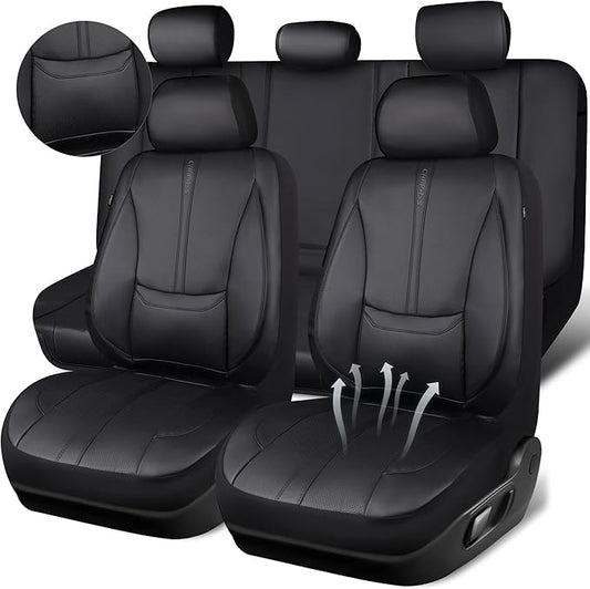 CAR PASS Nappa Leather Car Seat Covers Full Set, Water Resistant 3D Foam Faux Leather Seat Covers with Lumbar Support, Automotive Seat Covers 5 Seats Comfort & Universal Fit for Cars SUV Truck, Black