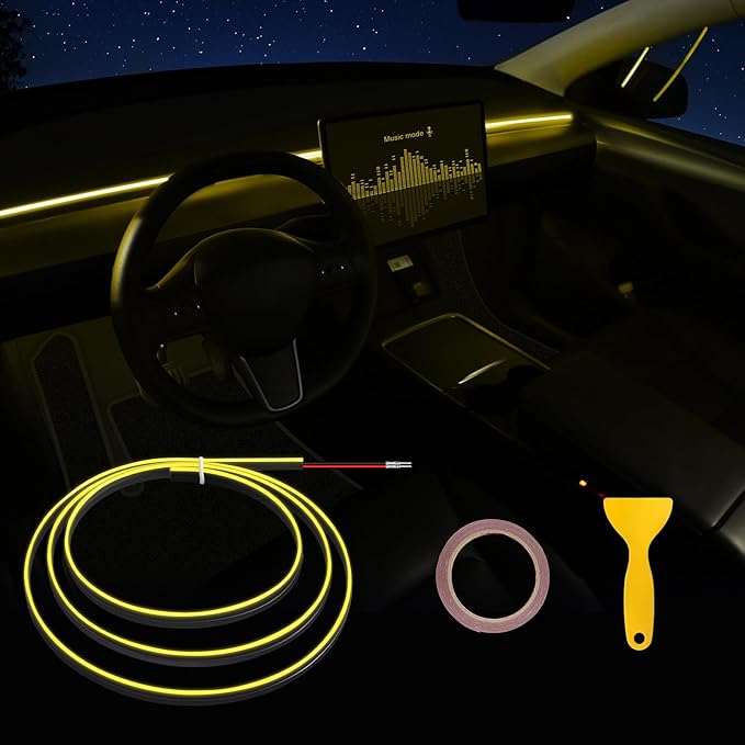 Acrylic Interior Car LED Strip Light with 6mm Sewing Edge - 43.3 inches Ambient Lighting Kits,Neon LED Strip Light(110CM/43.3IN, Yellow)