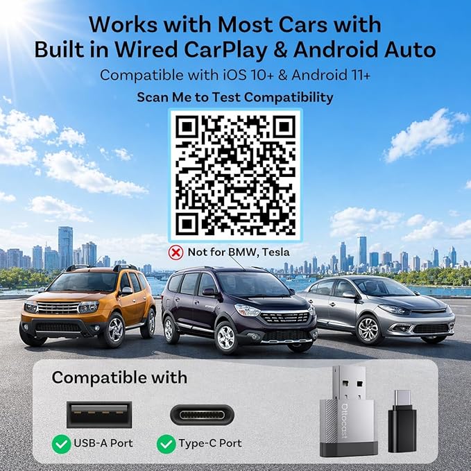 OTTOCAST Mini Nova, 2 in 1 Wireless Carplay & Android Auto Adapter, Plug & Play 2026 Upgraded with AI Assistance (ChatGPT, Gemini, Claude)