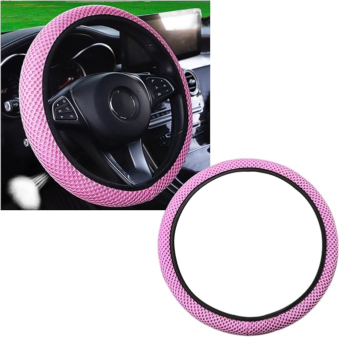 Kewucn Car Elastic Stretch Steering Wheel Cover, Soft Microfiber Breathable Ice Silk, Universal 15 Inch Anti-Slip Auto Steering Wheel Protector, Fit Car, SUV, Van, Sedan, Truck (Pink)
