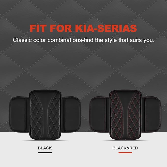 Center Console Cover Fit for Kia Sportage 2005-2025 with 2 Storage Bags Waterproof Leather Quilted Pattern Car Armrest Cover Cushion Anti - Slip(002#Black&Red Line)