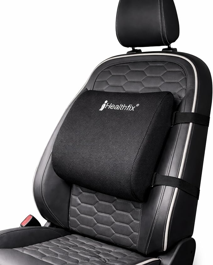 Healthfix® Car Lumbar Support Pillow – Orthopedic Memory Foam Back Cushion for Car Seats, Ergonomic Lower Back Support, Breathable Cover, Adjustable Strap – Medium (130–200 lbs)