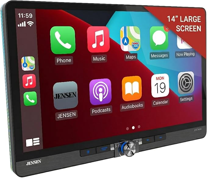 JENSEN J5CA14 14-inch Certified Apple CarPlay Android Auto Wired or Wireless | Maestro & Metra Axxess Ready | Single & Double DIN Car Stereo | SiriusXM Ready | Bluetooth | Front & Rear Camera Inputs