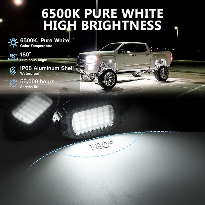 12 Pods Pure White LED Rock Lights, IP68 Waterproof Aluminum 6500K Bright White Underglow Light with Extension Cord Harness,12V Metal Fender Lights for Jeeps Trucks Off Road UTV ATV Car Golf RV Etc