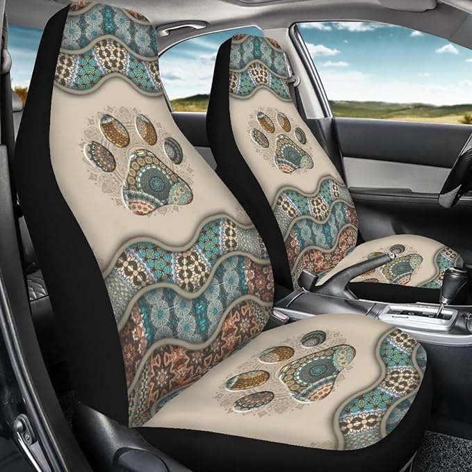 BIGCARJOB Boho Car Seat Covers Set for Front Only Boho Dog Paw Print Car Interior Accessories Cute Seat Protector for Cars Saddle Blanket,Fit Most Vehicle,Cars,Sedan