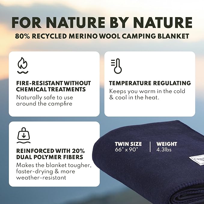 Woolly Mammoth Woolen Company Merino Wool Blanket - 80% Merino Wool - Camping Blankets for Cold Weather - Mositure-Wicking for Overlanding, Hunting, Emergency Kits, Bushcraft (66" x 90" Lapsis)