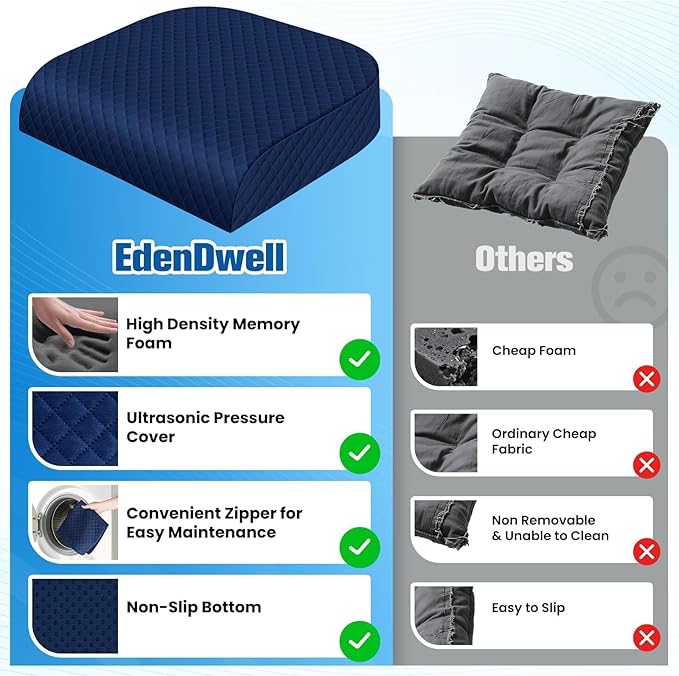 Seat Cushion for Office Chair, Memory Foam Chair Cushions, Car Seat Cushion for Long Sitting, Desk Chair Cushion for Pressure Relief, Non-Slip Bottom, Washable Cover, Large, Blue