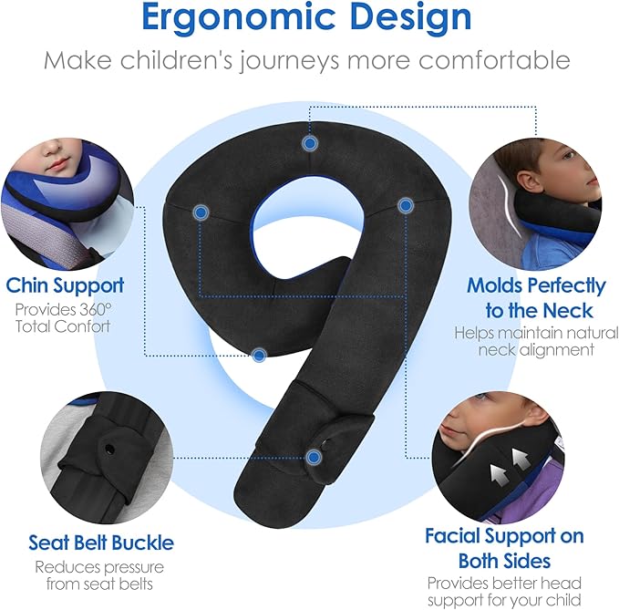 Kids Travel Neck Pillow, Toddler Travel Pillow for Car & Airplane and Head & Chin Support, Comfortably Travel Neck Pillow for Road Trip Sleeping, Gifts for Toddler/Child/Kids (Black & Light Blue)